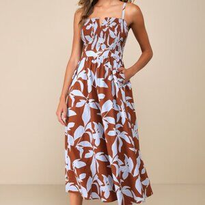 Lulus Immense Cuteness Brown And Blue Floral Midi Dress With Pockets - Size XL